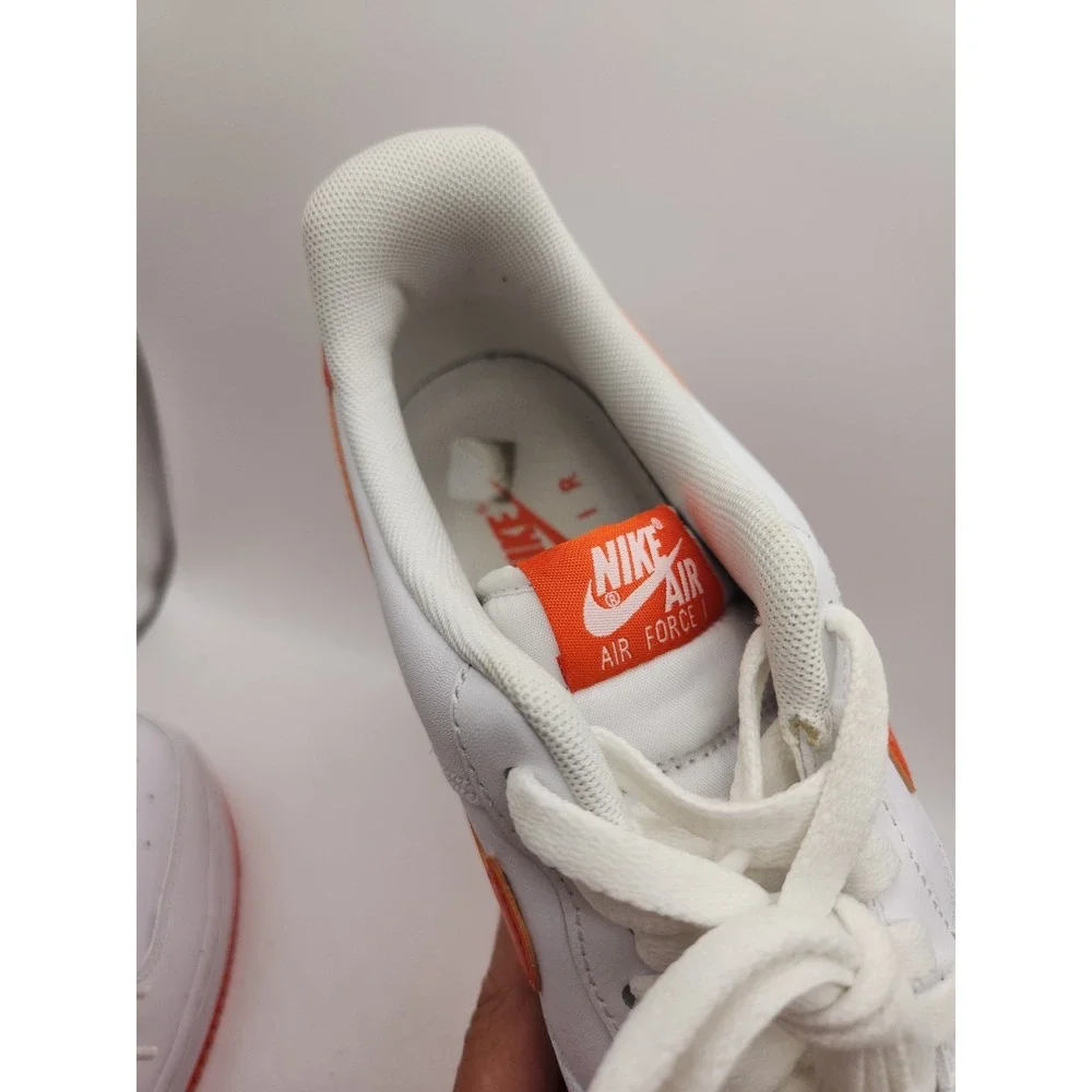 Nike Air Force 1 Low Top Men's Sneaker White/Orange Leather Lace-Up Rubber 9 1/2